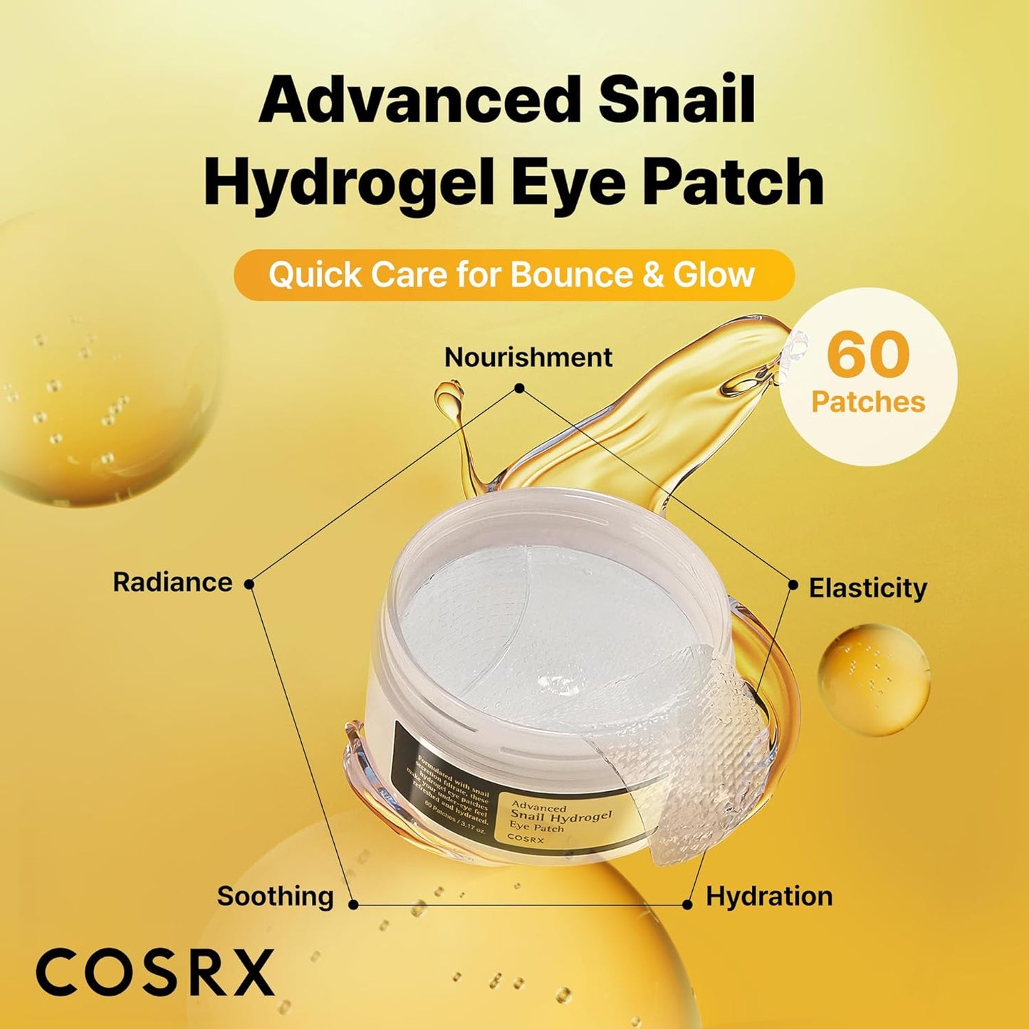 COSRX Advanced Snail Hydrogel Eye Patch (60pc), Gel Serum Mask, Puffy Undereye Treament, Fine Lines, Refresh, Hydrate, Korean Skin Care, Stocking Stuffers for Women