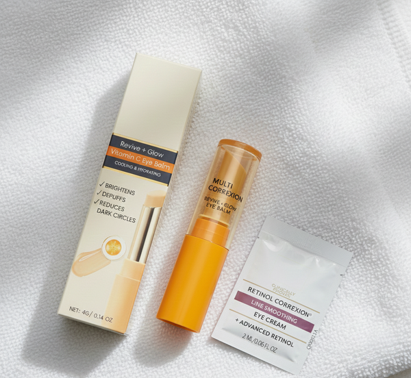 Glow Eye Balm with Vitamin C and Retinol Eye Cream Packette in a towel